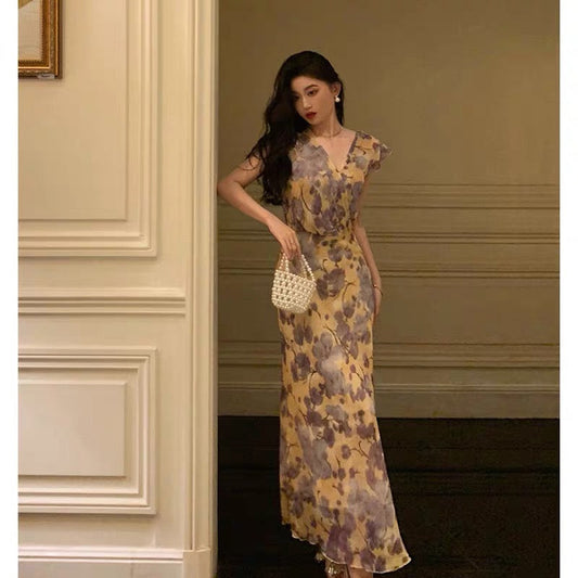 Sexy French Sheath V Neckline Floral Long Prom Dresses Birthday Outfits Evening Gown