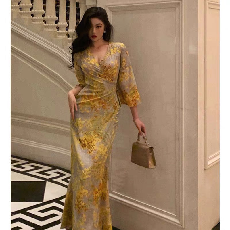 Sexy Sheath V Neckline Floral Yellow Slit Prom Dresses Birthday Outfits Evening Gown
