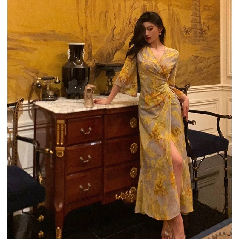Sexy Sheath V Neckline Floral Yellow Slit Prom Dresses Birthday Outfits Evening Gown