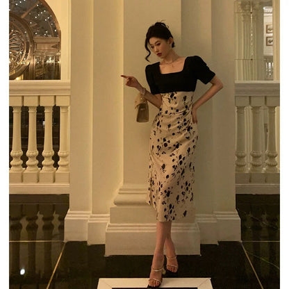 Sexy A Line Square Neckline Floral Black Prom Dresses Birthday Outfits Evening Gown