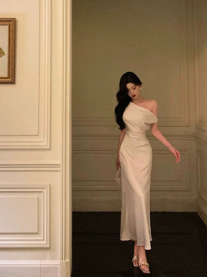Sexy French Sheath One Shoulder White Prom Dresses Birthday Outfits Evening Gown
