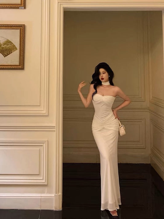 Classy Sheath Strapless Neckline White Prom Dresses Birthday Outfits Evening Gown