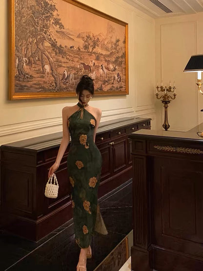 Classy Sheath Halter Green Slit Prom Dresses Birthday Outfits Evening Gown