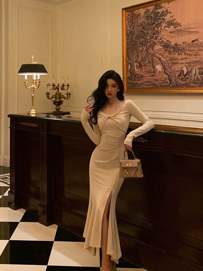 Classy Mermaid Long Sleeves Ivory Slit Prom Dresses Birthday Outfits Evening Gown
