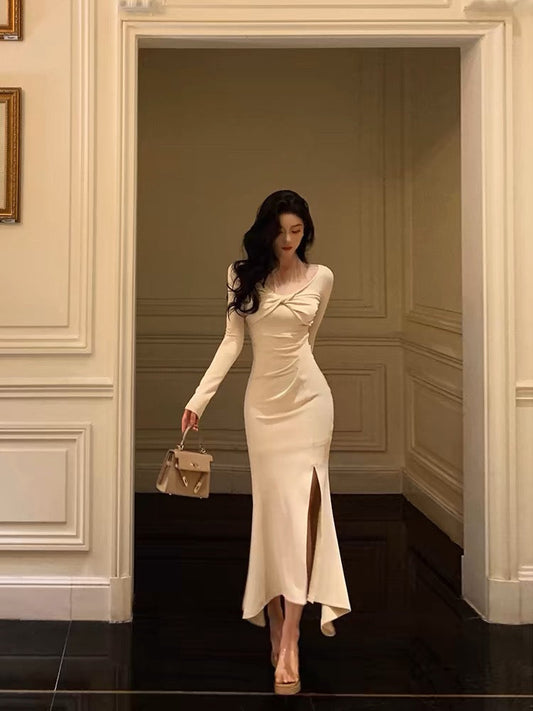 Classy Mermaid Long Sleeves Ivory Slit Prom Dresses Birthday Outfits Evening Gown
