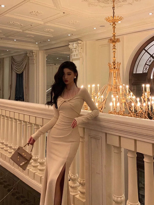 Classy Mermaid Long Sleeves Ivory Slit Prom Dresses Birthday Outfits Evening Gown