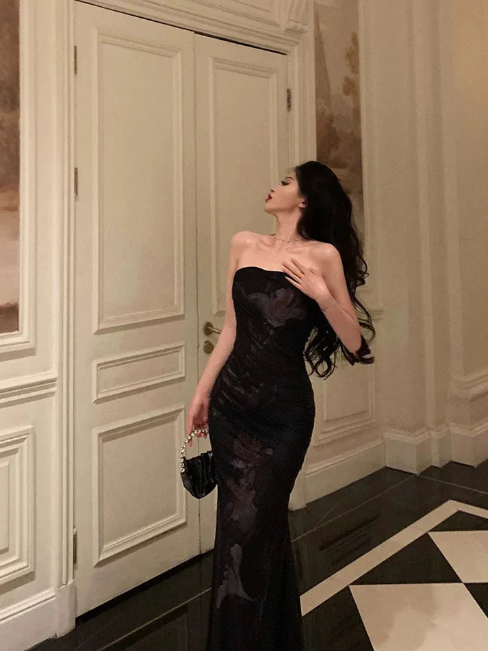 Vintage Black Strapless Floral Applique Design Elegant Sheath Evening Dress Prom Dress TP4110