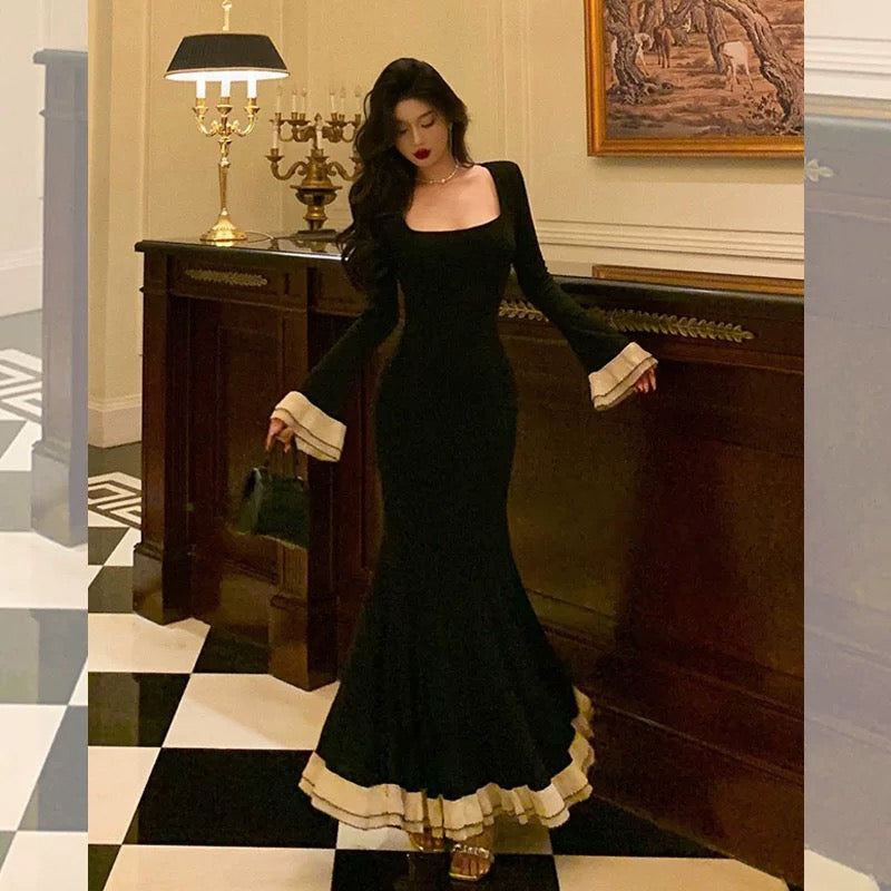 Pretty Mermaid Square Neckline Black Prom Dresses Birthday Outfits Evening Gowns