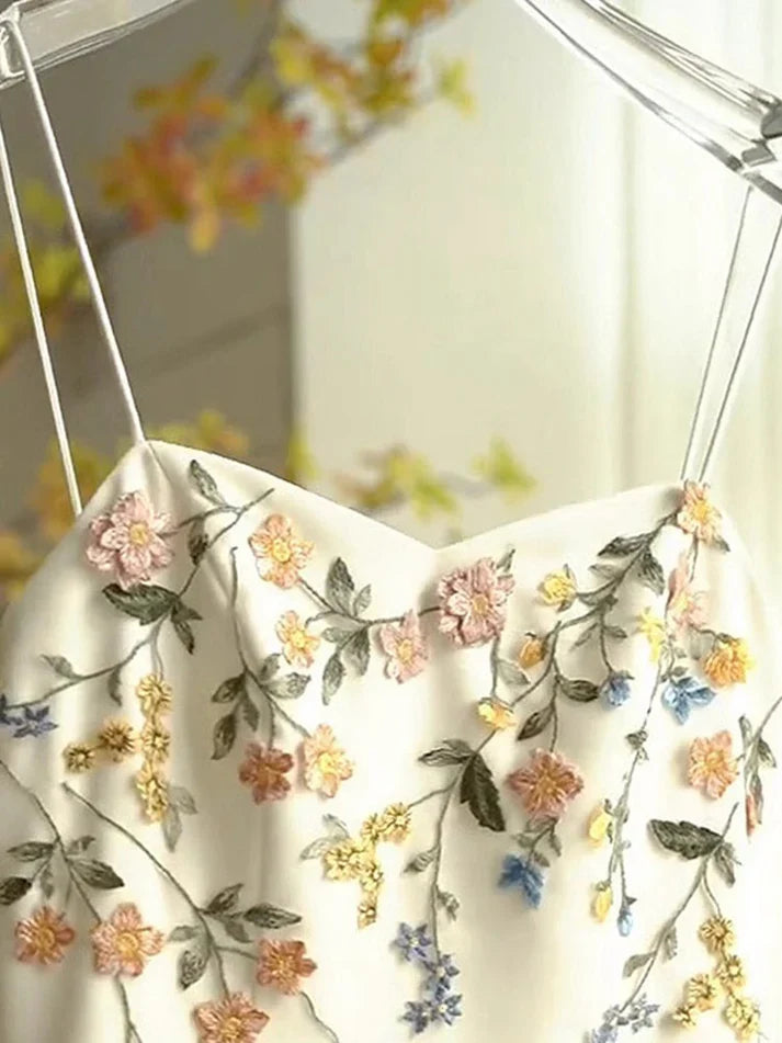 Vintage Beige Spaghetti Strap Floral Applique Design Elegant A-Line Evening Dress Prom Dress TP4107