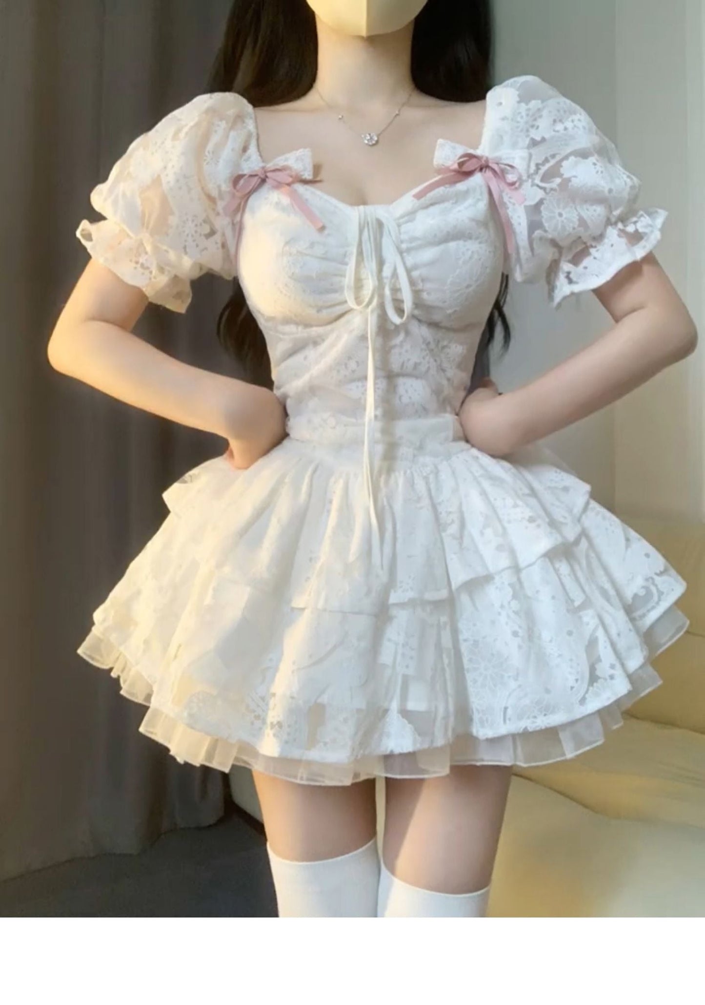 Chic Ball Gown Short Sleeves White Lace Lolita Dresses Party Dress Birthday Outfits