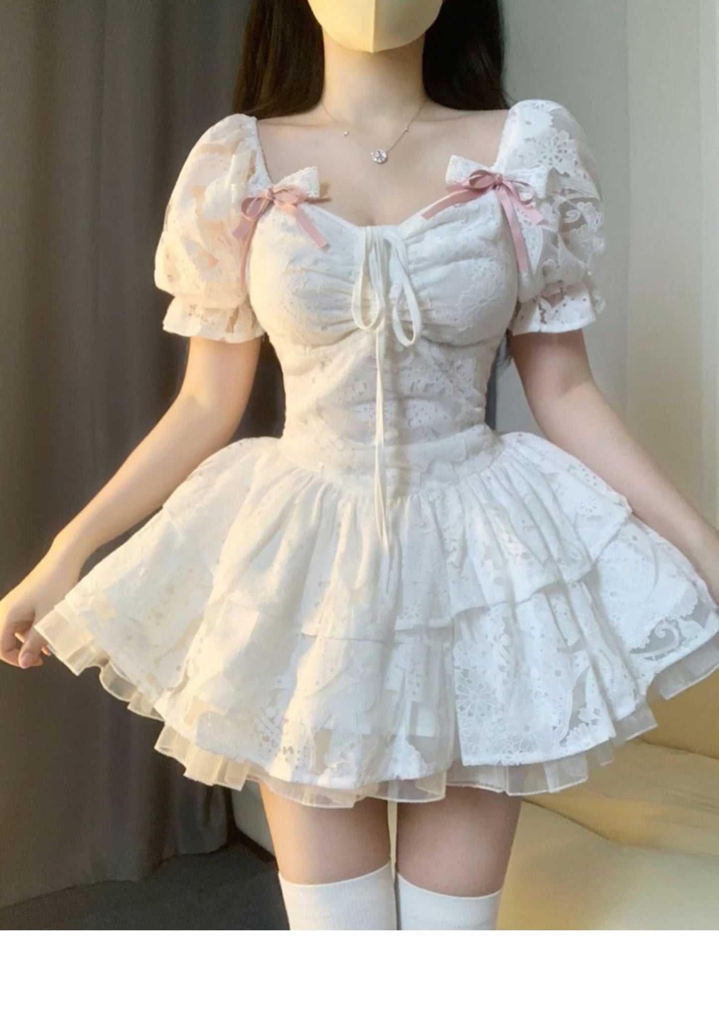 Chic Ball Gown Short Sleeves White Lace Lolita Dresses Party Dress Birthday Outfits