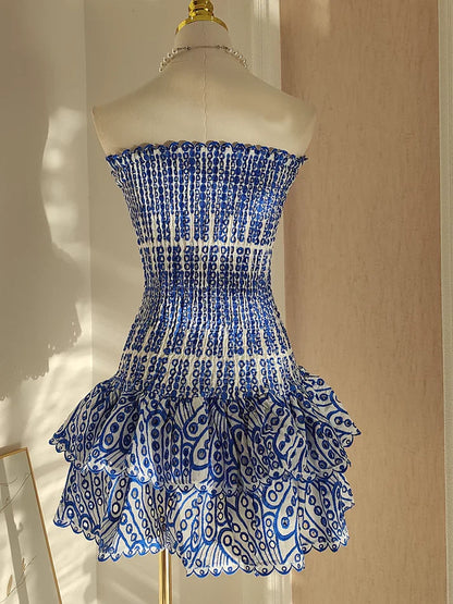 Vintage Dark Blue Pattern Design Strapless Mini Party Dress Homecoming Dress TP4044