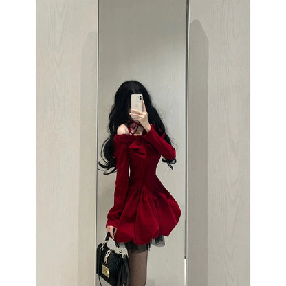 Chic Ball Gown Long Sleeves Red Velvet Party Dress Birthday Dresses Birthday Outfits
