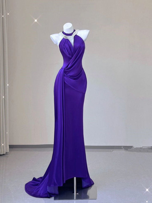 Vintage Sheath Halter Grape Satin Long Prom Dresses Evening Gown Formal Party Dress With Ruffles