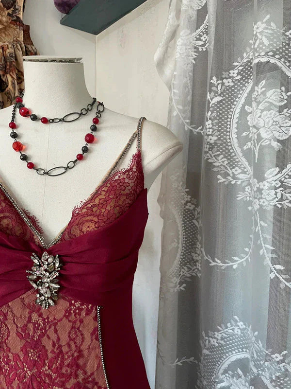 Elegant Burgundy V-neck Spaghetti Strap Lace Mermaid Prom Dress Evening Dress TP4326