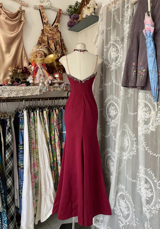 Elegant Burgundy V-neck Spaghetti Strap Lace Mermaid Prom Dress Evening Dress TP4326