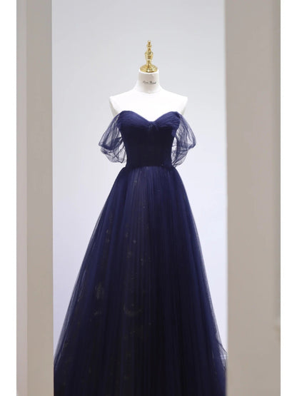 Pretty Ball Gown Off The Shoulder Navy Blue Tulle Long Prom Dresses Party Dress