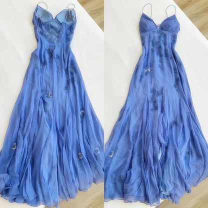 Vintage Embroidery Floral V-neck Spaghetti Strap A-Line Prom Dress Evening Dress TP4327