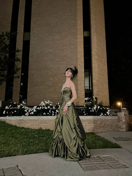 Retro Ball Gown Strapless Green Ruffles Satin Long Party Dress Prom Dresses