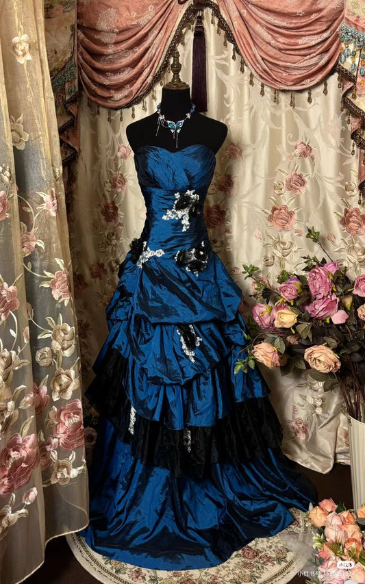 Retro Ball Gown Strapless Satin Navy Blue Long Party Dress Prom Dresses