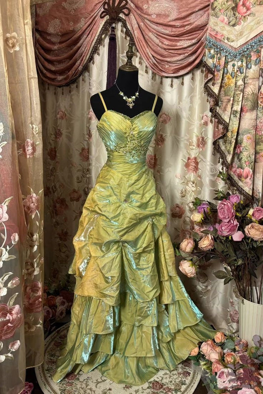 Retro Ball Gown Straps Satin Sage Green Long Party Dress Prom Dresses