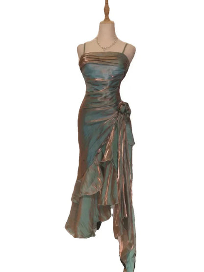 Vintage Elegant Spaghetti Strap Mermaid Ruffles Prom Dress Evening Dress TP4321