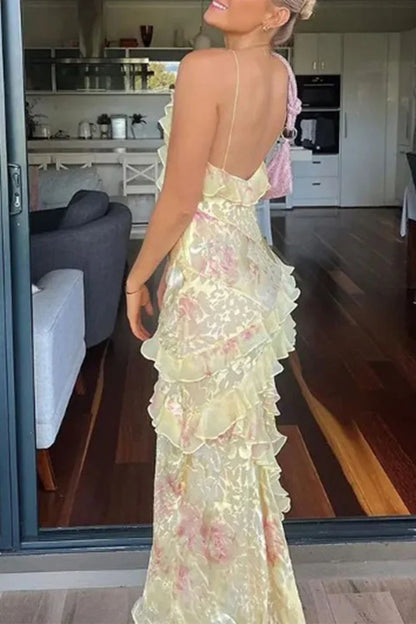 Vintage Floral Spaghetti Strap Ruffles Mermaid Chiffon Long Prom Dress Evening Dress TP4314