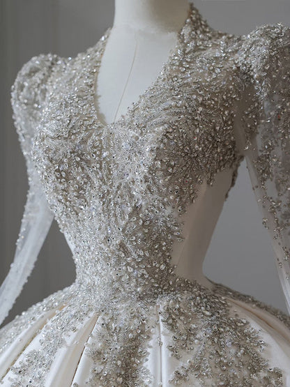 Princess Ball Gown V Neckline Long Sleeves Pleats Beads White Satin Wedding Dresses