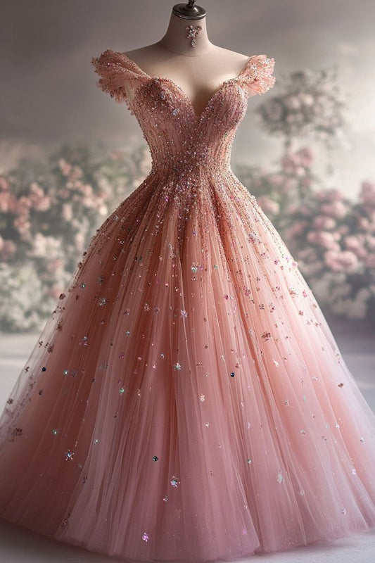 Aesthetic Ball Gown Off The Shoulder Pink Tulle Party Dress Long Prom Dress Evening Dresses