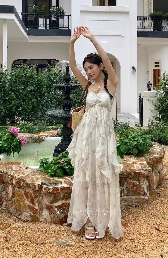 Floral Ruffle Design Halter Dress Elegant A-line Chiffon Evening Party Dress TP4113