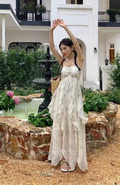 Floral Ruffle Design Halter Dress Elegant A-line Chiffon Evening Party Dress TP4113