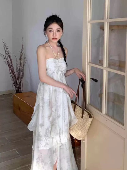 Floral Ruffle Design Halter Dress Elegant A-line Chiffon Evening Party Dress TP4113