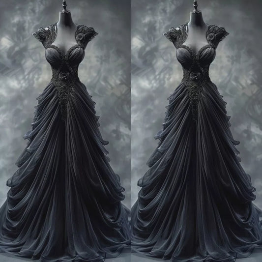 Black Gothic Wedding Dresses Ruched Lace Appliques V Neck Sleeveless Bridal Gown      S7126