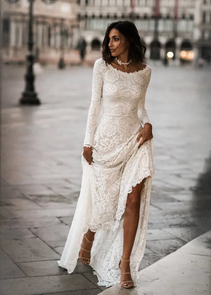 Vintage Floral Boho Lace Wedding Dress with Sleeves Modest Boat Neck Low-V Back Princess Bridal Gown      S7088