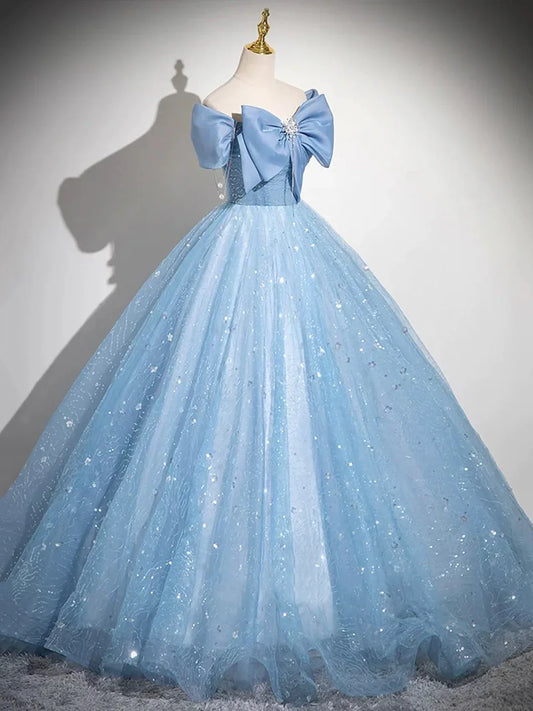 Light Blue Tulle Sequins Long Prom Dress, Lovely A-Line Evening Party Dress        S7193