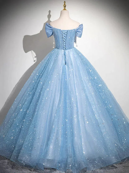 Light Blue Tulle Sequins Long Prom Dress, Lovely A-Line Evening Party Dress        S7193
