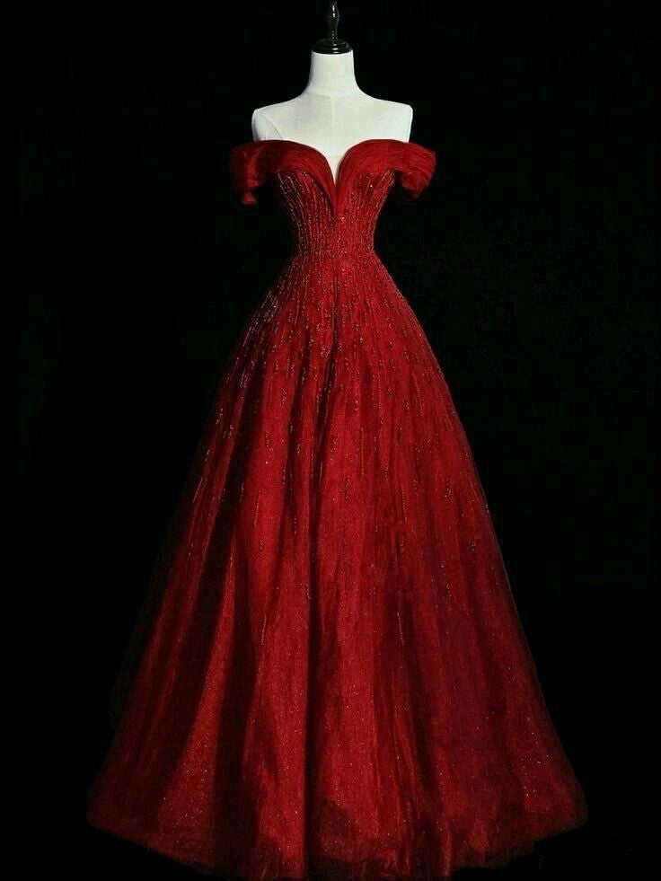 Classy Ball Gown Off The Shoulder Burgundy Long Party Dress Tulle Prom Dresses