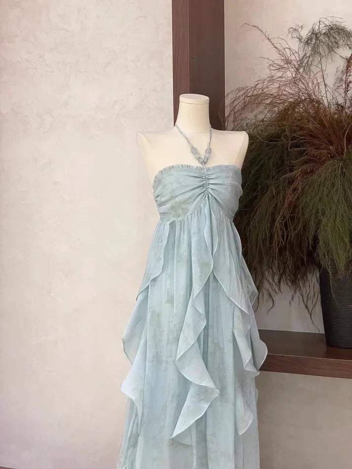 Floral Ruffle Design Halter Dress Elegant A-line Chiffon Evening Party Dress TP4113