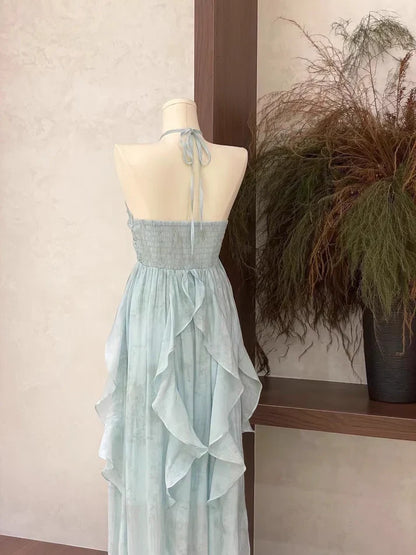 Floral Ruffle Design Halter Dress Elegant A-line Chiffon Evening Party Dress TP4113
