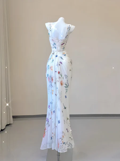 Sexy Mermaid Straps Chiffon Floral Evening Gowns Long Prom Dresses