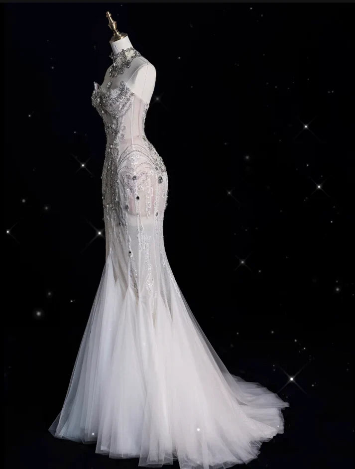 Vintage Sparkling Beaded Mermaid Design Strapless Princess Wedding Dress TP4101