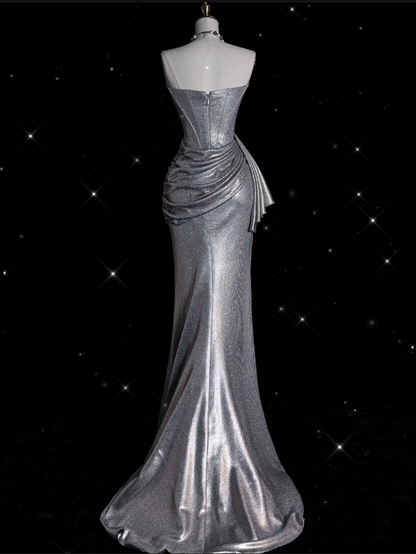 Sexy Mermaid Strapless Sequin Silver Evening Gowns Long Prom Dresses