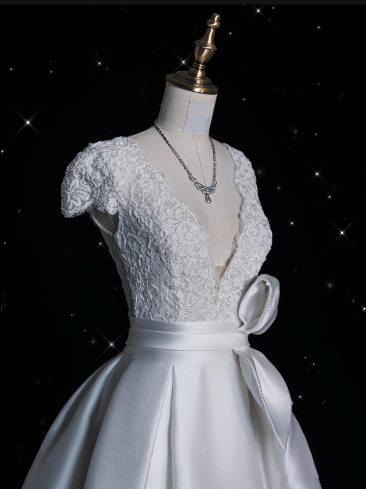 Aesthetic Ball Gown V Neckline Satin White Long Wedding Dresses Brides Dress