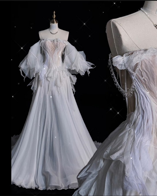 Unique Ball Gown Off The Shoulder Long Tulle White Wedding Dresses Brides Dress