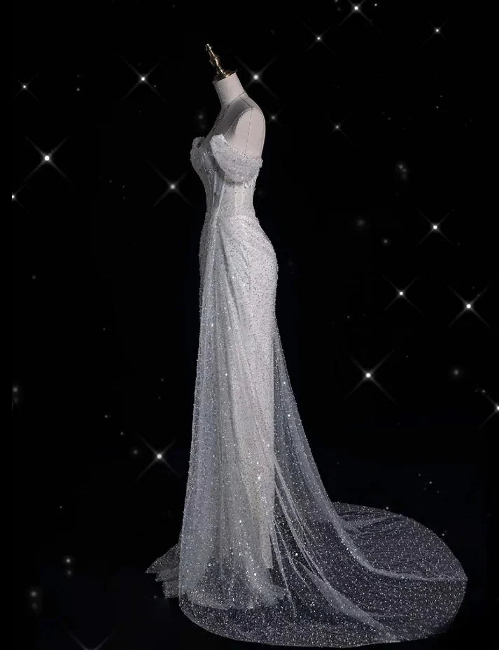 Elegant Sparkling Sequin Mermaid Design Off-the-shoulder Princess Wedding Dress TP4100