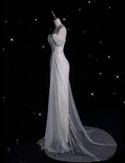 Elegant Sparkling Sequin Mermaid Design Off-the-shoulder Princess Wedding Dress TP4100