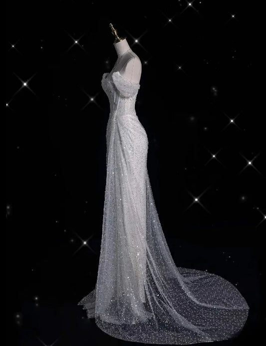 Elegant Sparkling Sequin Mermaid Design Off-the-shoulder Princess Wedding Dress TP4100