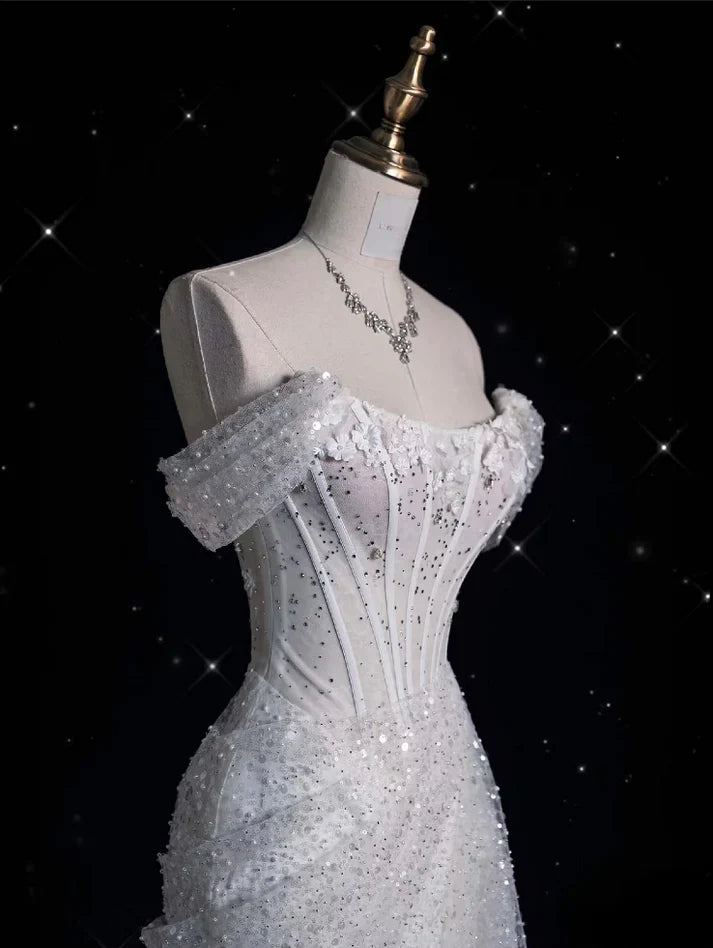 Elegant Sparkling Sequin Mermaid Design Off-the-shoulder Princess Wedding Dress TP4100