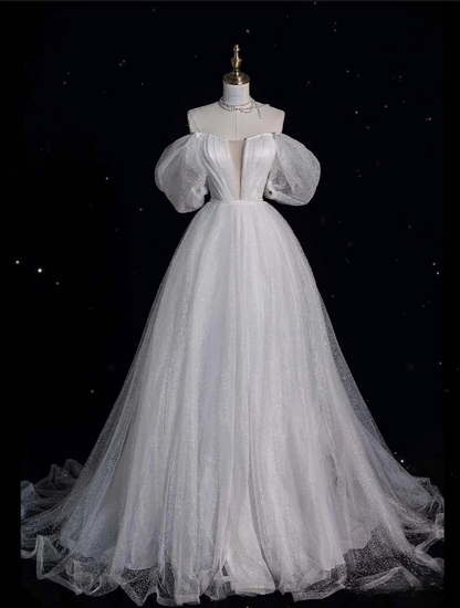 Unique Ball Gown Off The Shoulder Sequin Short Sleeves White Wedding Dresses Brides Dress
