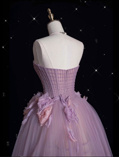 Classy Ball Gown Strapless Lilac Tulle Party Dress Long Prom Dress Evening Dresses